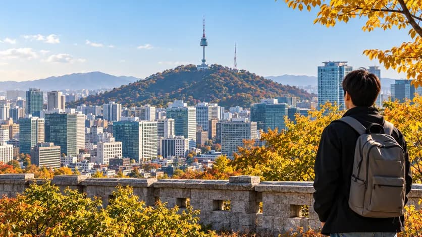 Sonbaharda Seul manzarası ve Namsan Kulesi’ne bakan öğrenci